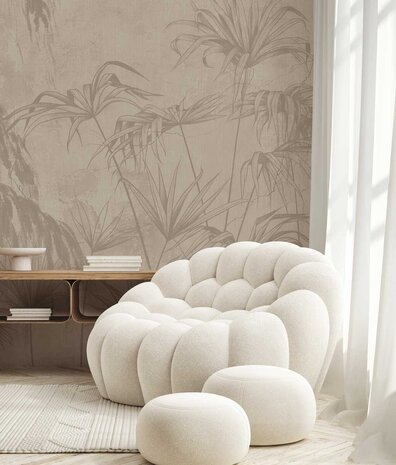 Japandi behang Zen Leaf Impressions, zand, afwasbaar