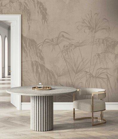 Japandi behang Zen Leaf Impressions, zand, afwasbaar