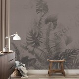 Bladeren behang, Monstera Jungle, taupe, afwasbaar Bladeren behang, Monstera Jungle, taupe, afwasbaar