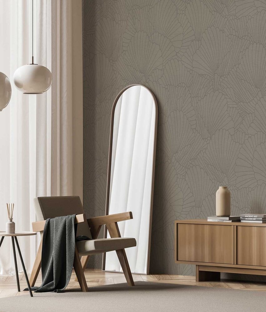Abstract behang Ginko Leaf Elegance, taupe, afwasbaar Abstract behang Ginko Leaf Elegance, taupe, afwasbaar