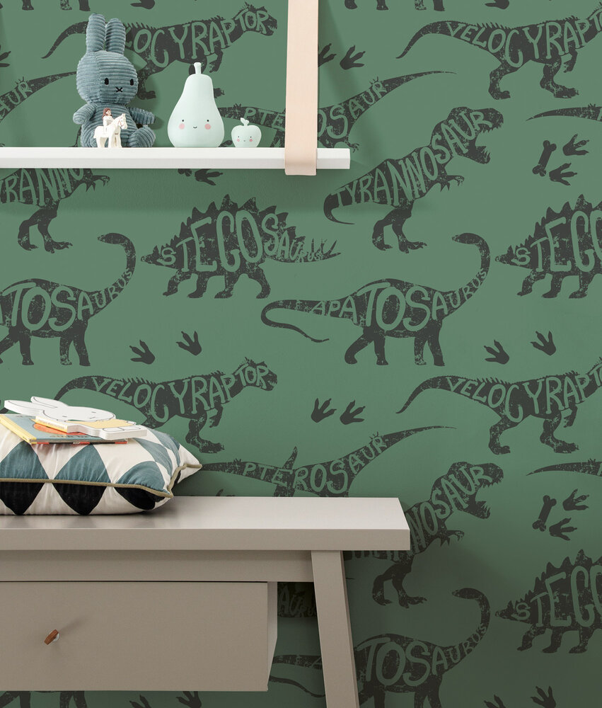 Kinderbehang Jurassic Jungle, groen, afwasbaar Kinderbehang Jurassic Jungle, groen, afwasbaar