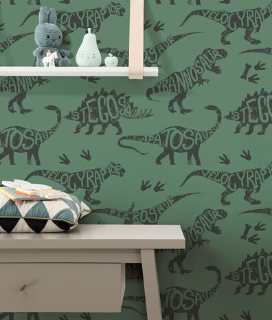 Kinderbehang Jurassic Jungle, groen, afwasbaar Kinderbehang Jurassic Jungle, groen, afwasbaar