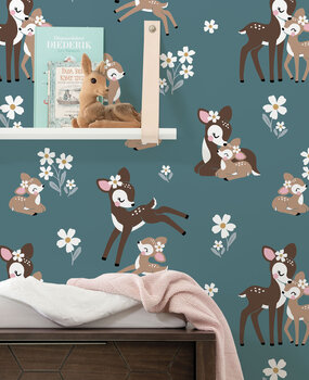 Kindertapete Petrol Vintage Deer, blau, waschbar Kindertapete Petrol Vintage Deer, blau, waschbar