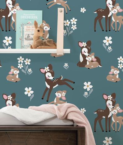 Kinderbehang Petrol Vintage Deer, blauw, afwasbaar Kinderbehang Petrol Vintage Deer, blauw, afwasbaar