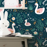 Children's wallpaper Sweet Swans, green, washable Children's wallpaper Sweet Swans, green, washable