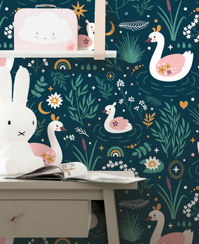 Kinderbehang Sweet Swans, groen, afwasbaar Kinderbehang Sweet Swans, groen, afwasbaar