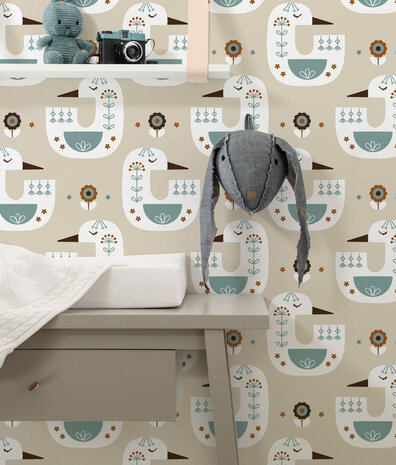 Kindertapete Nordic Birds, beige, waschbar