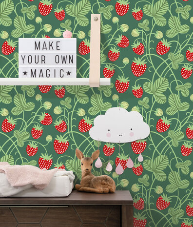 Children's wallpaper Strawberry Fields, green, washable Children's wallpaper Strawberry Fields, green, washable