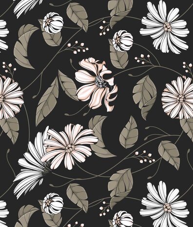Bloemen behang Graphic Flower Harmony, zwart, afwasbaar Bloemen behang Graphic Flower Harmony, zwart, afwasbaar