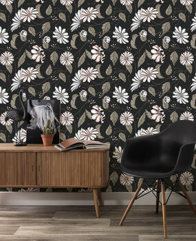 Bloemen behang Graphic Flower Harmony, zwart, afwasbaar Bloemen behang Graphic Flower Harmony, zwart, afwasbaar
