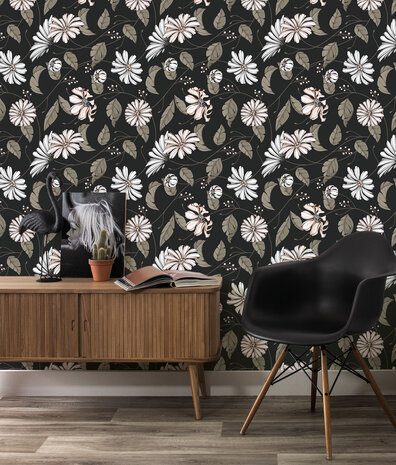Bloemen behang Graphic Flower Harmony, zwart, afwasbaar Bloemen behang Graphic Flower Harmony, zwart, afwasbaar