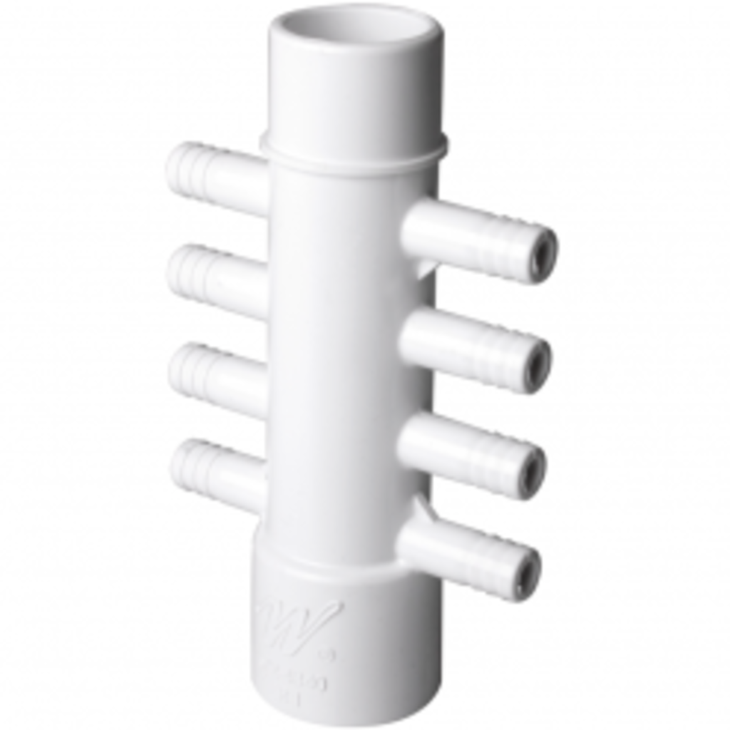 Waterway Europe 1" M/F manifold, 3/8" M barb, 8 pororten