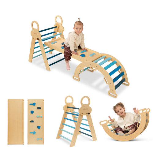 FINOOS FINOOS Klettergerüst – Kletterdreieck – Kletterbogen – Rutsche – Montessori Holzspielzeug - Blau