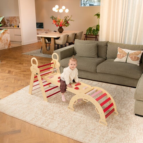 FINOOS FINOOS Klettergerüst – Kletterdreieck – Kletterbogen – Rutsche – Montessori Holzspielzeug - Rosa