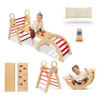 FINOOS Klettergerüst – Kletterdreieck – Kletterbogen – Rutsche – Xylophon – Kissen – Montessori Holzspielzeug - Rosa