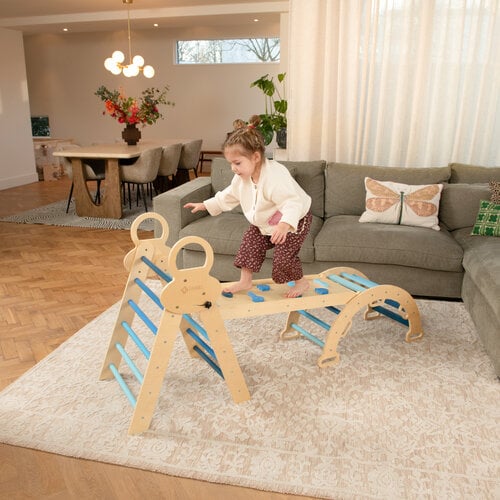 FINOOS FINOOS Klettergerüst – Kletterdreieck – Kletterbogen – Rutsche – Xylophon – Kissen – Montessori Holzspielzeug - Blau