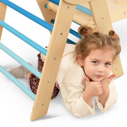 FINOOS FINOOS Klettergerüst – Kletterdreieck – Kletterbogen – Rutsche – Xylophon – Kissen – Montessori Holzspielzeug - Blau