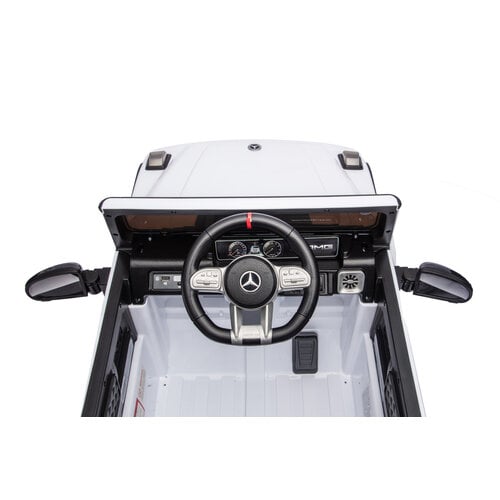Mercedes kinderauto Mercedes G63 AMG Cabrio Kinder-Elektroauto mit Gummireifen und einem Ledersitz 12V Weiß Mercedes kinderauto Mercedes G63 AMG Cabrio Kinder-Elektroauto mit Gummireifen und einem Ledersitz 12V Weiß