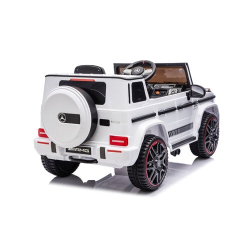 Mercedes kinderauto Mercedes G63 AMG Cabrio Kinder-Elektroauto mit Gummireifen und einem Ledersitz 12V Weiß Mercedes kinderauto Mercedes G63 AMG Cabrio Kinder-Elektroauto mit Gummireifen und einem Ledersitz 12V Weiß