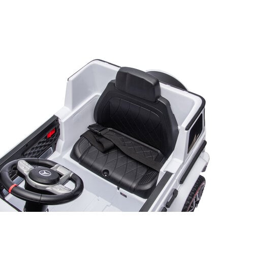 Mercedes kinderauto Mercedes G63 AMG Cabrio Kinder-Elektroauto mit Gummireifen und einem Ledersitz 12V Weiß Mercedes kinderauto Mercedes G63 AMG Cabrio Kinder-Elektroauto mit Gummireifen und einem Ledersitz 12V Weiß