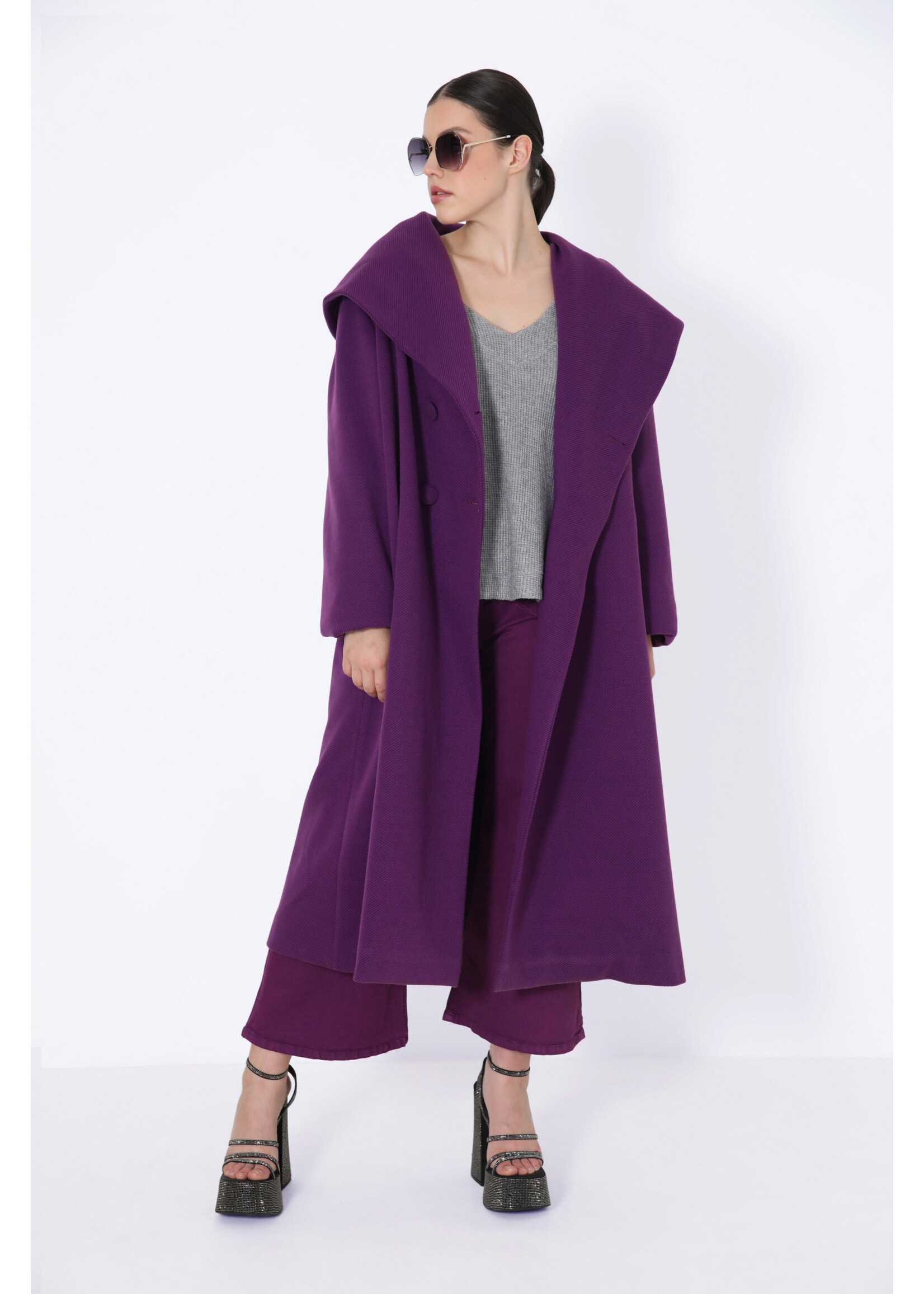 JMP Long hooded coat with shawl collar purple