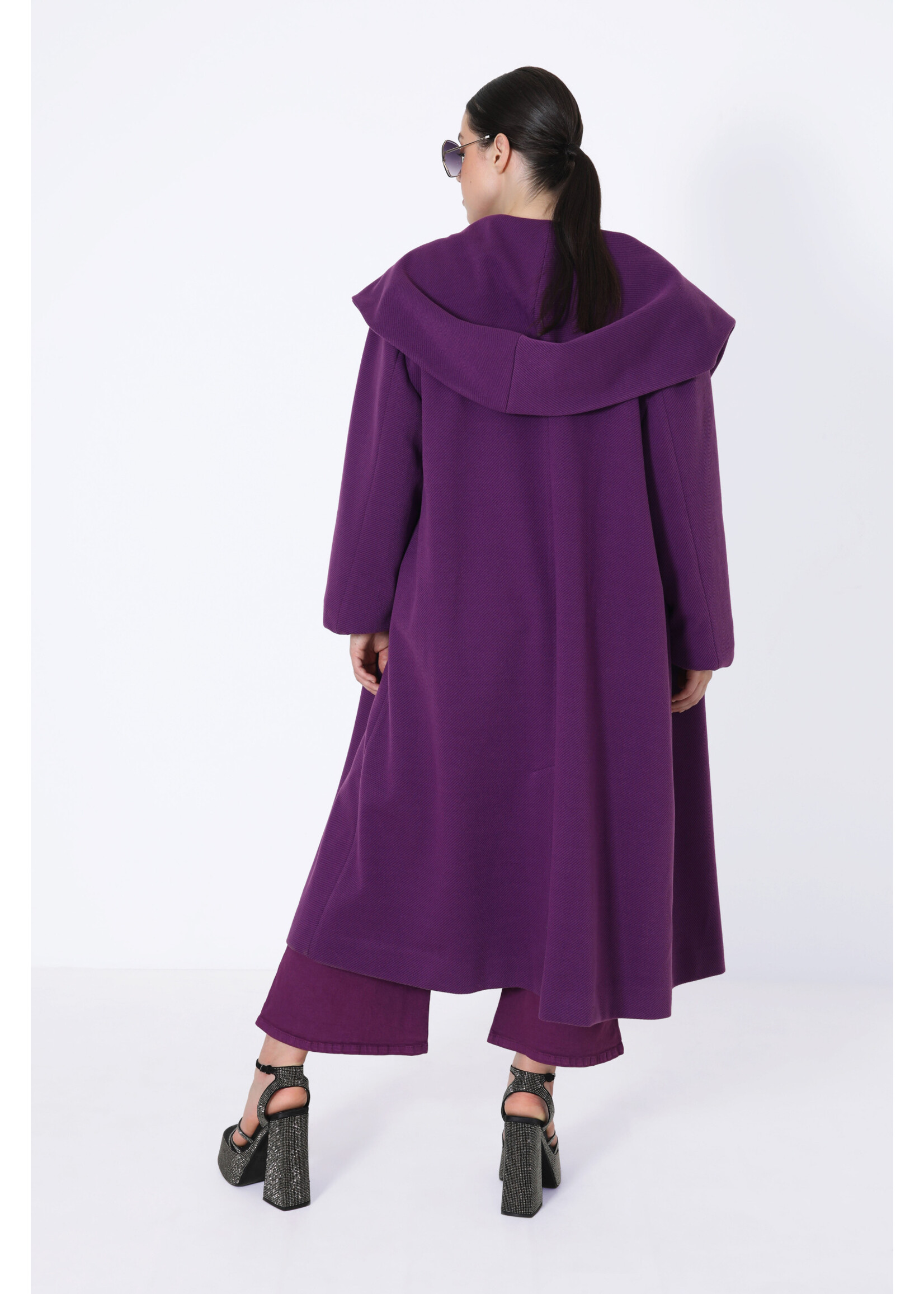 JMP Long hooded coat with shawl collar purple