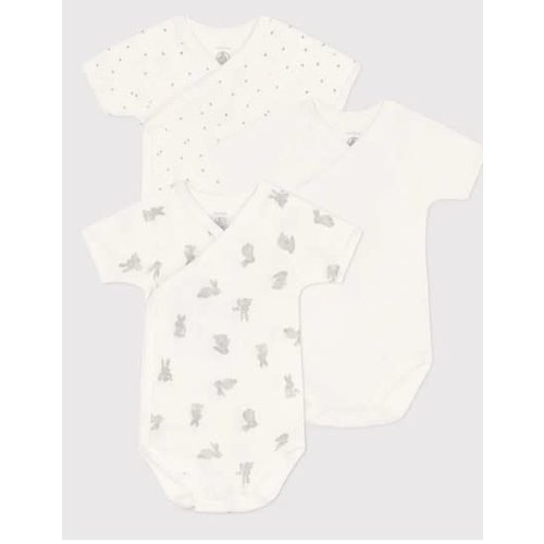 Petit Bateau SET VAN 3 KATOENEN OMSLAGBODY'S MET KONIJNTJESPRINT EN KORTE MOUWEN Petit Bateau SET VAN 3 KATOENEN OMSLAGBODY'S MET KONIJNTJESPRINT EN KORTE MOUWEN