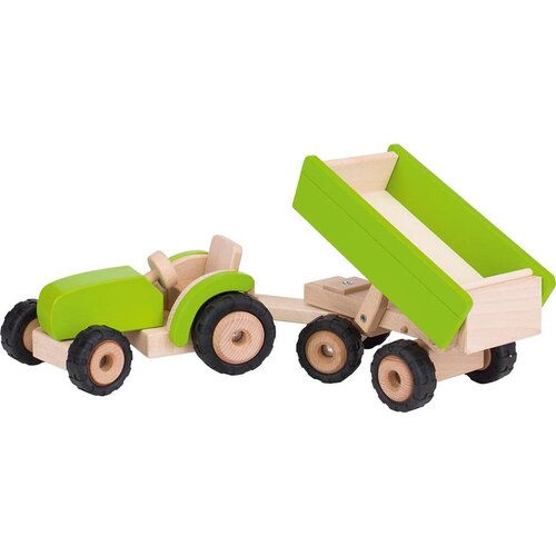 GOKI Grote groene houten traktor met aanhangwagen