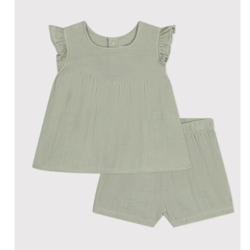 Petit Bateau LUCHTIG KATOENEN BABYPAKJE MET BLOUSE EN KORTE BROEK - Groen