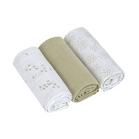 Swaddle & Burp Blanket M GOTS Leave olive/milky, 3 pcs, 60 x 60 cm