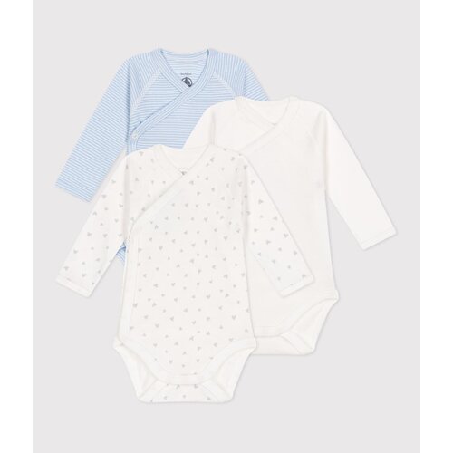 Petit Bateau Set van 3 katoenen babyrompertjes met lange mouwen en print hartjes blauw