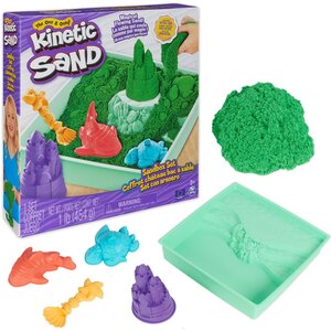 Spin Master Kinetic Sand - Zandbak-Set Met 454 gram Groen Speelzand Opbergzandbak 4 Vormen En Gereedschap