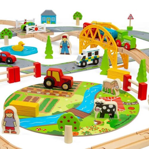 BigJigs Bigjigs Houten Weg en Treinset Platteland, 80dlg.