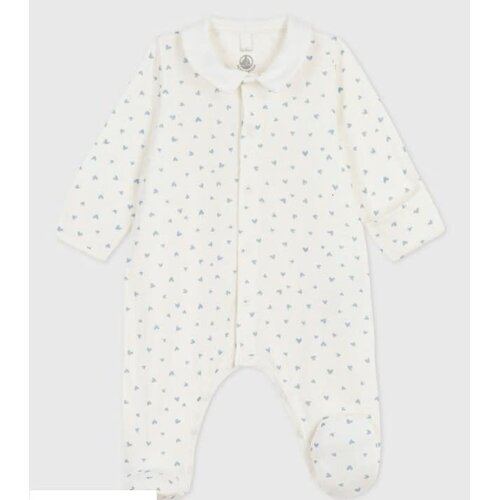 Petit Bateau Fluwelen babypyjama met kraag en hartjesprint - Wit/blauw