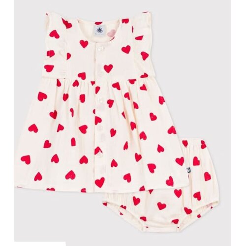 Petit Bateau Katoenen babyjurkje met hartjesprint en pofbroekje - Ecru/rood