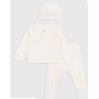 Lang driedelig babysetje van ajourkatoen met muts - Ecru