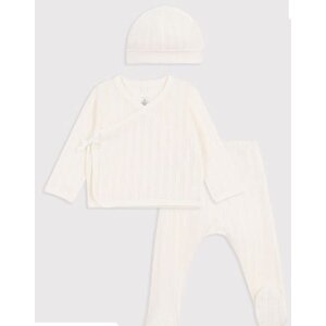 Petit Bateau Lang driedelig babysetje van ajourkatoen met muts - Ecru