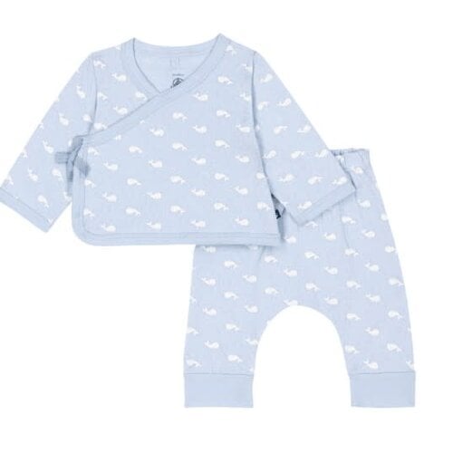 Petit Bateau Tweedelig lang babysetje van katoen met walvisprint - Blauw