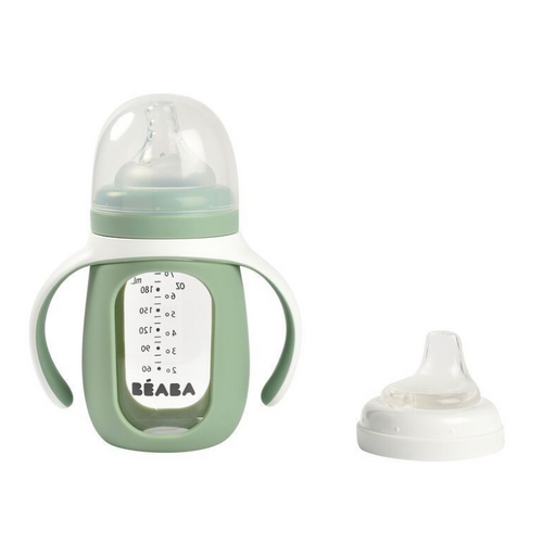 Béaba 2-in-1 glazen meegroeifles 210ml + siliconen hoes groen