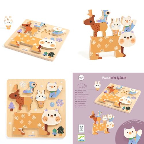 Djeco Puzzel - Inlegpuzzel + Stapelspel 'WoodyStack' (+12m)