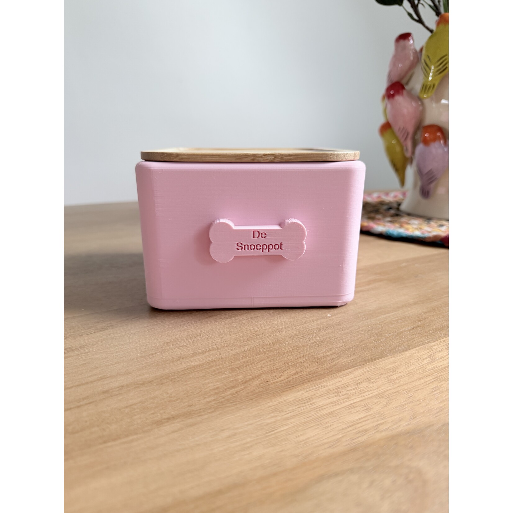 Snoeppot hond met naam  3D geprint met houten deksel