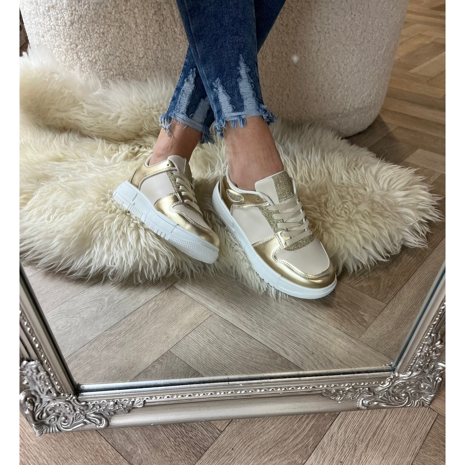 Sneakers Beige With Glitter Gold LL1879