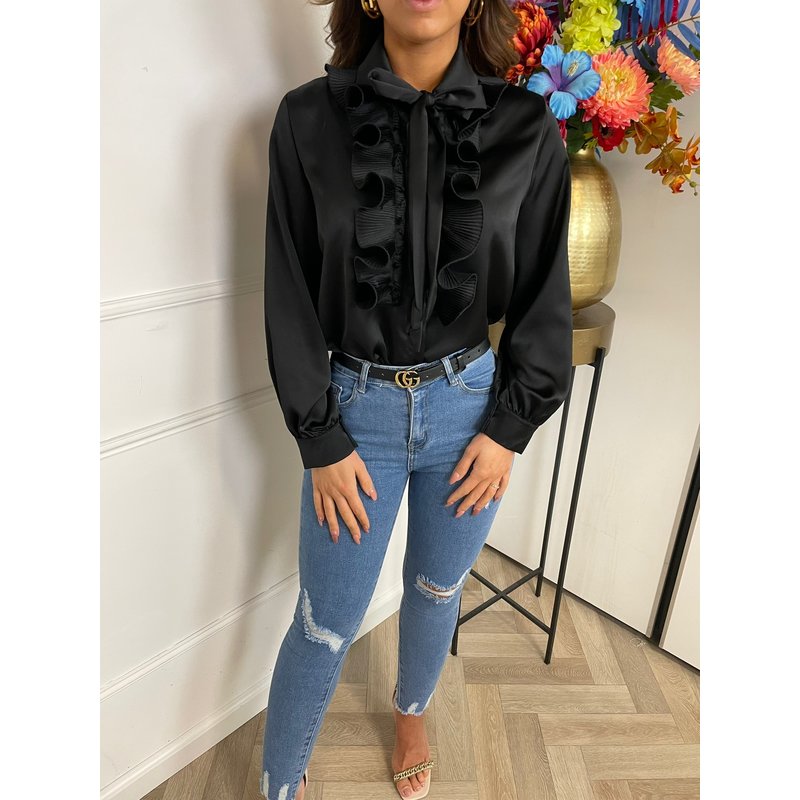 Blouse Satijn Ruffle Black (WEB ONLY)