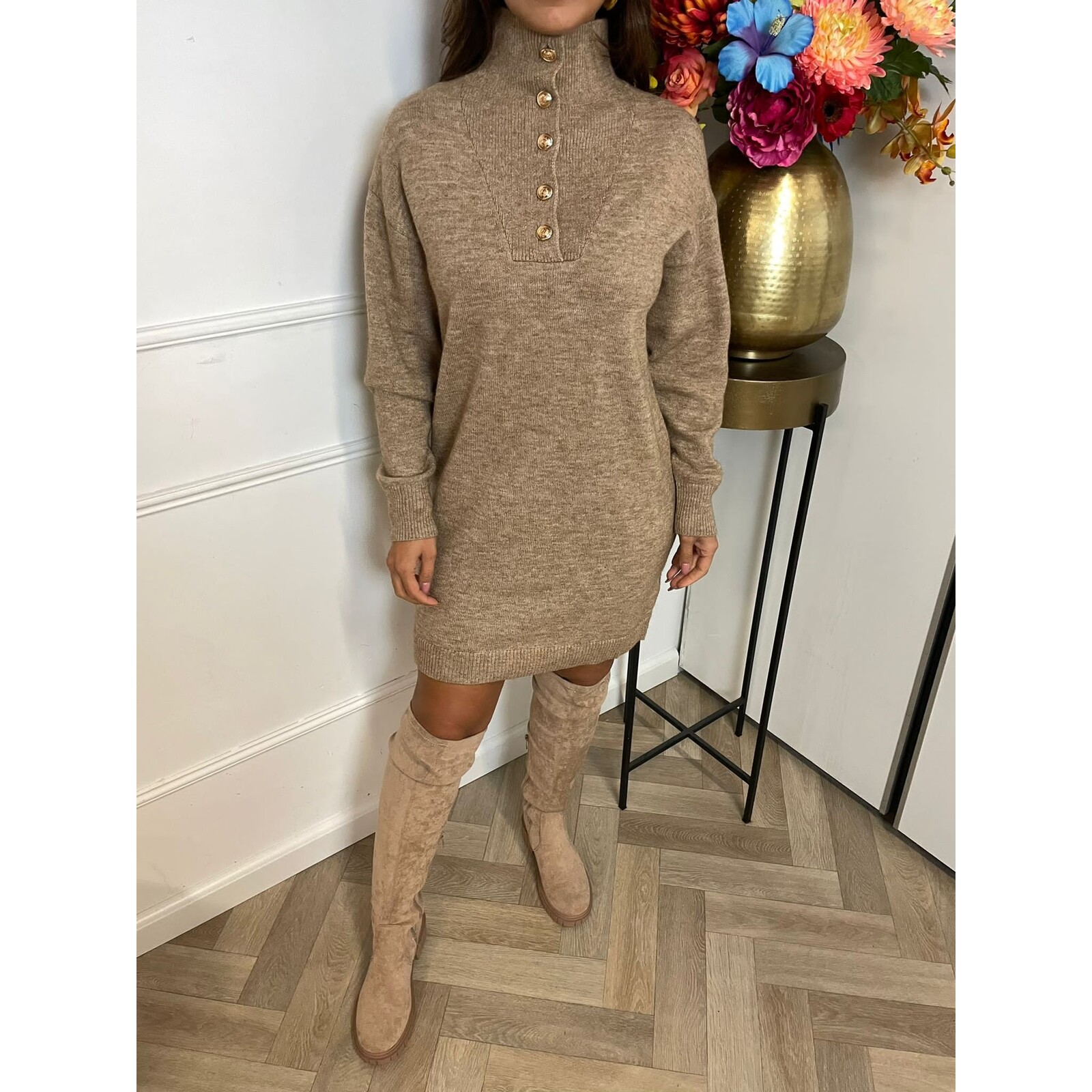 Long Sweater Button Taupe  YP991