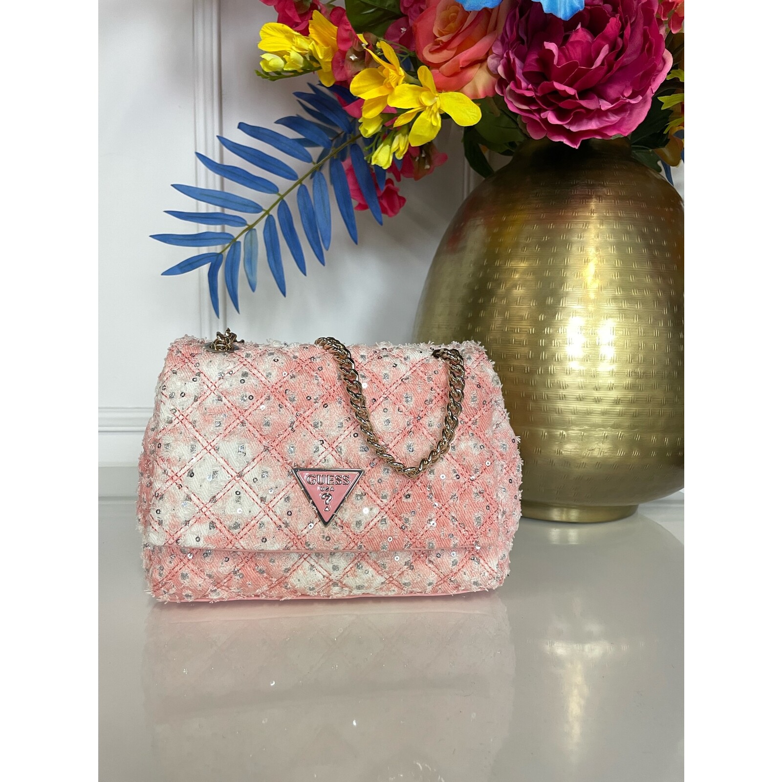 Guess Tweed Bag Rianee Quilt Pink Guess 803