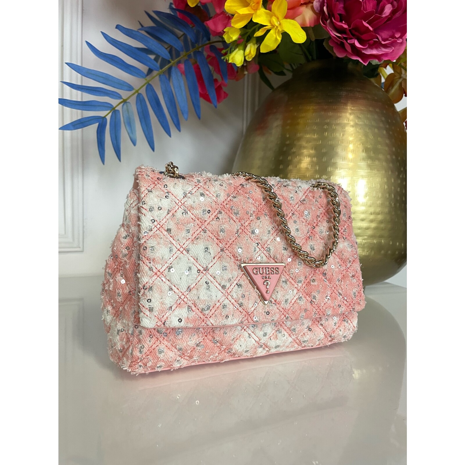 Guess Tweed Bag Rianee Quilt Pink Guess 803