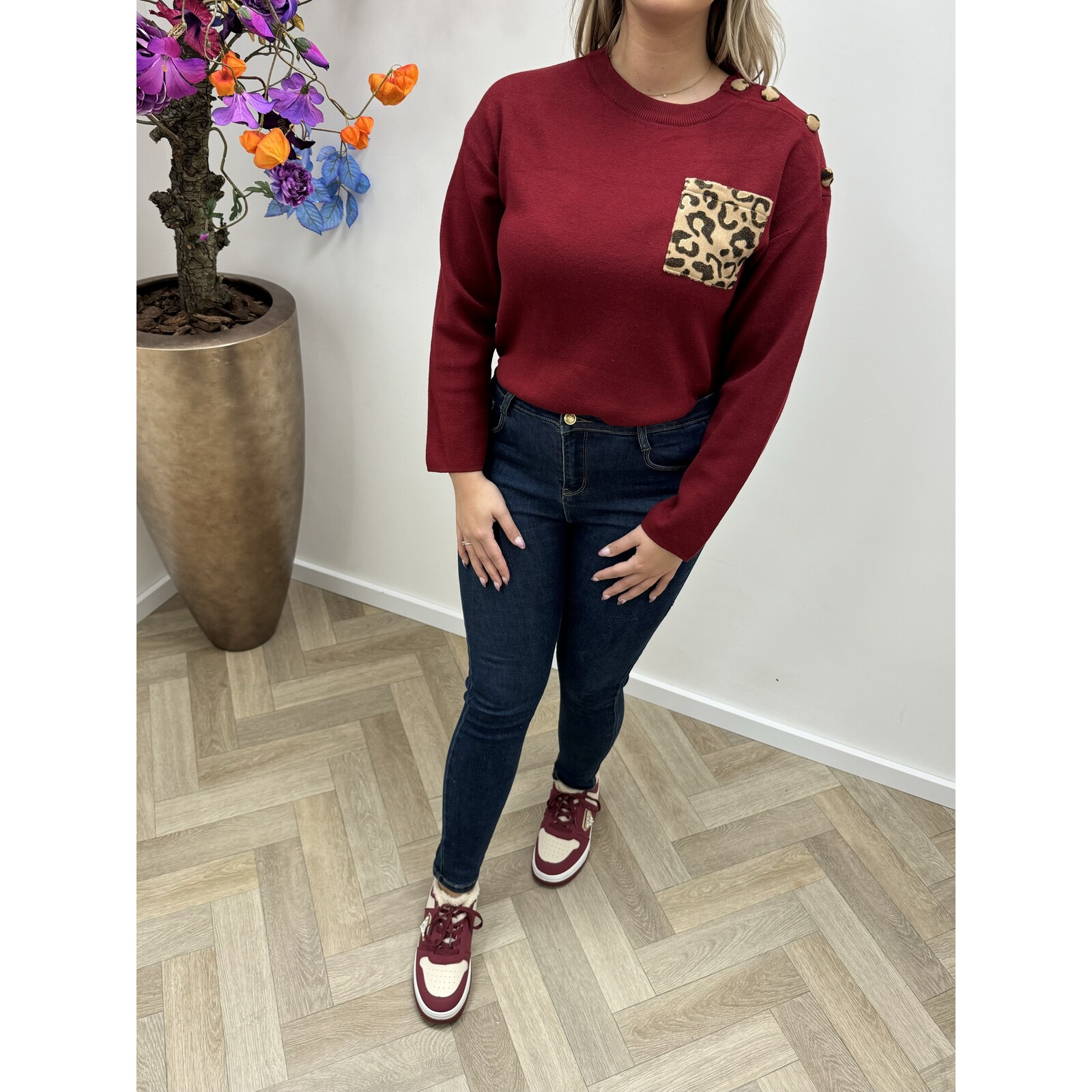 Trui Button Leopard  Bordeaux YP1432