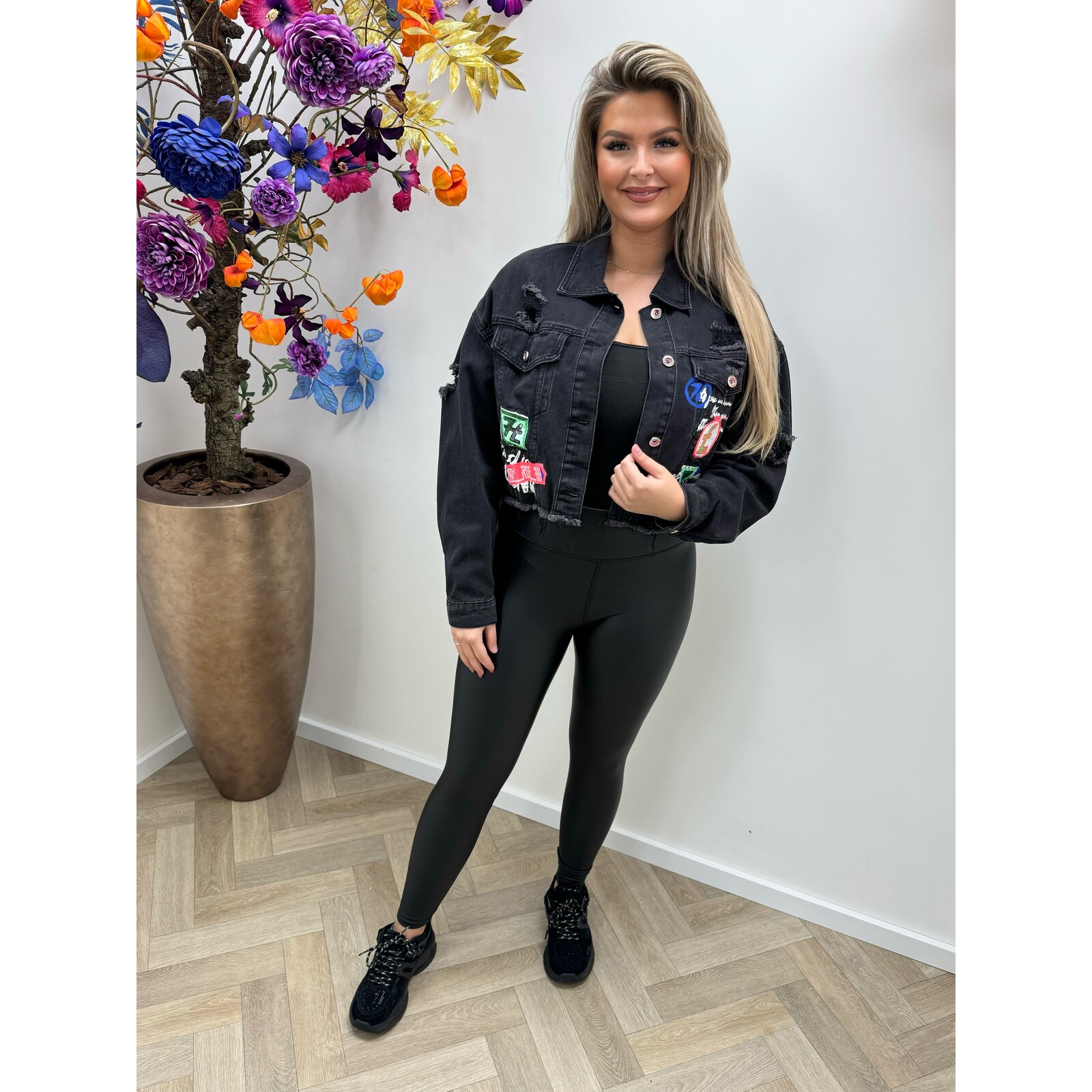 Denim Jacket With Patches Black A8370