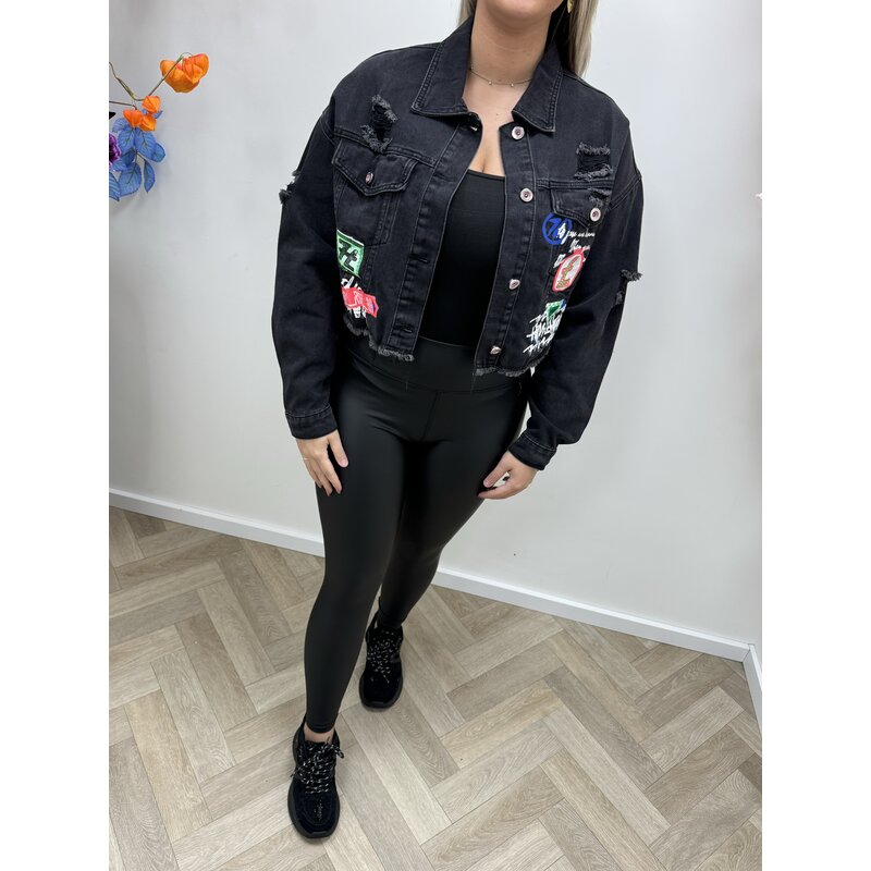 Denim Jacket With Patches Black A8370