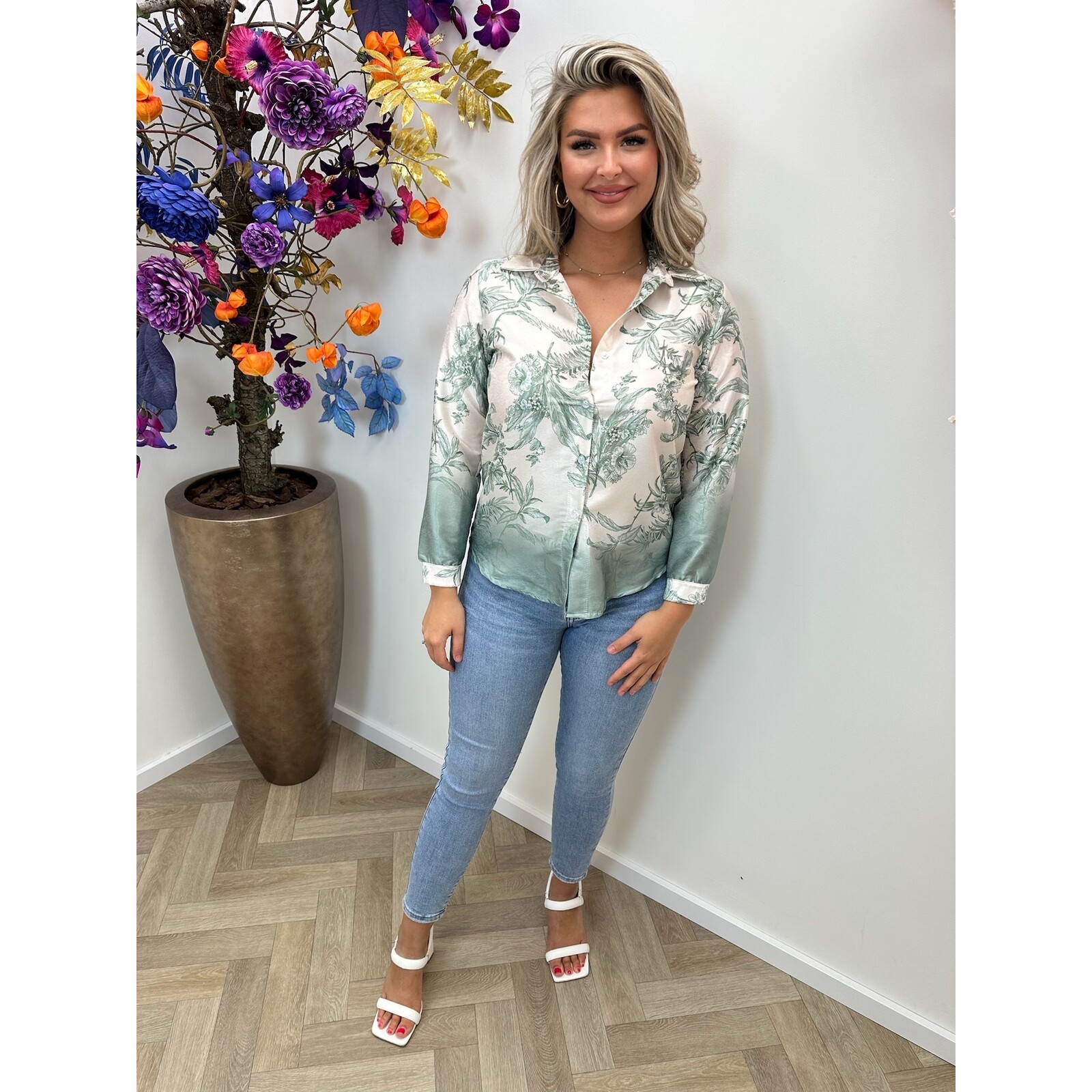 Blouse Flowers Satin Mint